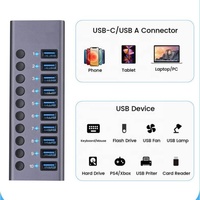 Hub USB 3.0 en alliage d'aluminium à 10 ports, super vitesse 5 Gbps, commutateur d'extension USB multi-ports pour le transfert de données, la charge et l'utilisation informatique