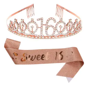 Sweet Gift Strass Tiara Crown Sash Set Gouden 16e Verjaardag Hoofdband Unieke Nummervormige Feestartikelen Gunsten Voor Meisjes