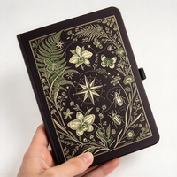 Carnet personnalisé noir en PU à couverture rigide, motif botanique vintage, orchidée, papillon, étoile céleste, journal, cadeau