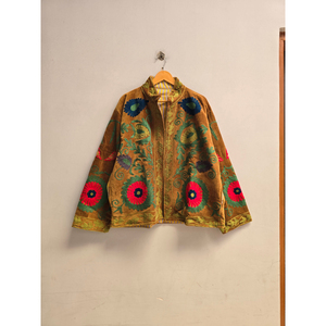 Brown Floral Embroidered <b>Women's</b> <b>Velvet</b> <b>Jacket</b> with Multicolor Botanical Motifs Stand Collar Long Sleeve Designer Bohemian - Product Image 3