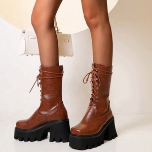 PU Upper Thick Sole Women <b>Boots</b> Back Zipper Combat Short Booties High Heel Comfortable Lace up Half Knee High <b>Boots</b> Shoes - Product Image 1