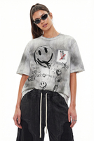 Camiseta Holgada de Manga Corta con Estampado de Graffiti Smiley, Estilo Retro Americano, Lavada y Desgastada