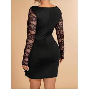 Robe moulante en dentelle sur mesure pour femmes grandes tailles, robe de cocktail courte à manches longues, à encolure croisée et plissée - Product Image 2