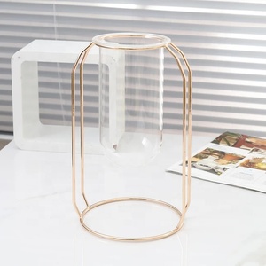 Vase à fleurs en verre fait main avec cadre en alliage métallique doré Vase à fleurs en verre nouveau design vente à chaud de bonne qualité Vase à fleurs de décoration fantaisie - Product Image 1