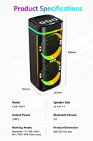 Speaker Portabel CSN-9205 Dual 8/12 Inch Plastik Nirkabel untuk Stereo Bass 5.2 LED Bertenaga Baterai untuk Pesta Luar Ruangan