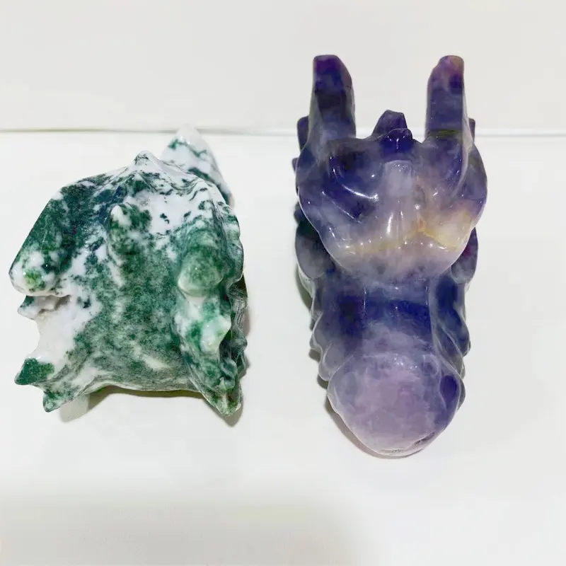 Atacado natural cristal esculpido musgo ágata dragon head cristal flúor cabeça crânio