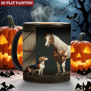 Frosted Black 11oz <b>Ceramic</b> <b>Mug</b> Heat Sensitive Cup With Horse And Dog Art Design 2D Flat Painting - Product Image 6