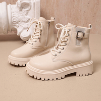 Bottines à lacets pour femmes avec boucle, fermeture éclair latérale, plateforme épaisse, bout rond, en cuir PU, style combat, noir crème