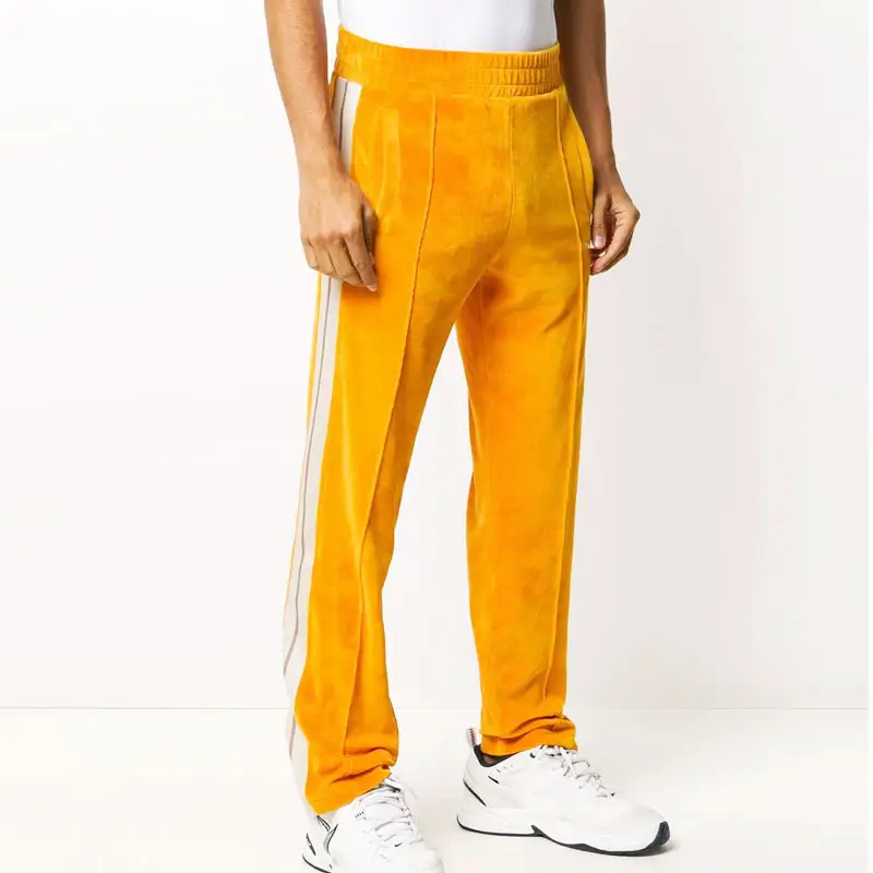 Pantalones de jogging de terciopelo para hombre, ropa de calle holgada con cremallera inferior, rayas laterales personalizadas, color Naranja
