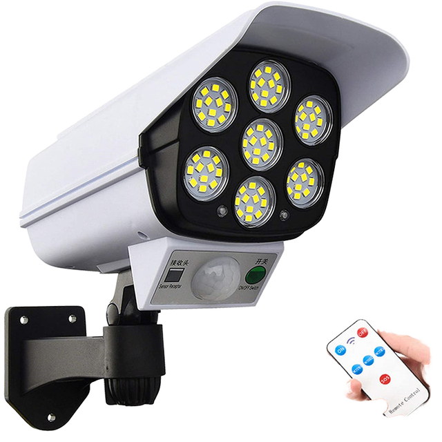 77 LED Solar Motion Sensor Security Wall Lights Small Outdoor Dusk to Dawn Pseudo Camera Remote Control IP65 Dimmable Garden