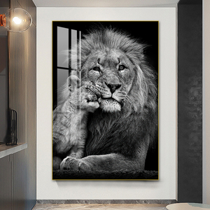 Venta al por mayor personalizado HD impresión animales León cristal porcelana pinturas luz LED moderno acrílico pared arte sala de estar decoración del hogar - Product Image 4