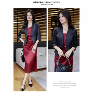 Metropolitan Aesthetics Women's Satin Two-Piece Suit Set Red Blazer With Skirt Office Workwear Elegant Modern Style - Product Image 1