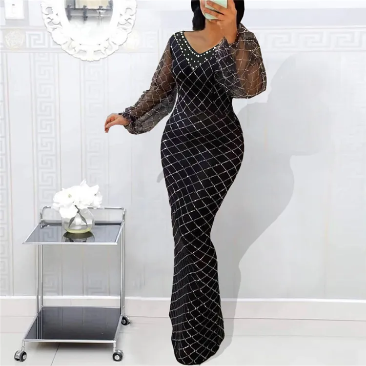 Lady V-Neck Sequins Maxi Prom Plus Size Dresses Sexy Long Sleeve Party Formal Dresses Elegant Women Evening Dresses