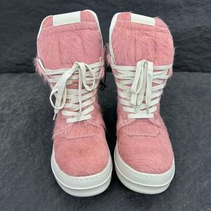 Pink Fur High Top Lace-Up Winter Boots Round Toe Plush Lining Rubber Outsole EVA Midsole Solid Color Walking <b>Shoes</b> - Product Image 1