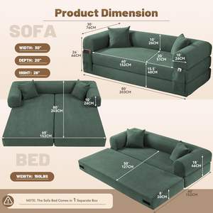 أريكة سرير قابلة للتحويل والطي، أريكة قابلة للسحب بطول 80 بوصة مع وسائد وجيب تخزين، سرير فوتون معياري من قماش الكوردروي بحجم كوين - Product Image 4