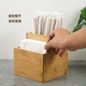 Caja de pañuelos de bambú cuadrada, soporte multifuncional para servilletas, para restaurantes, puestos de aperitivos, palillos, cuchillos, tenedores, pajitas - Product Image 4