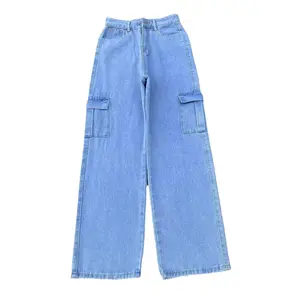 Troca de calças jeans femininas Real Shot, calças esfregão femininas, versão coreana de cintura alta, perna larga, serviço OEM à prova d'água