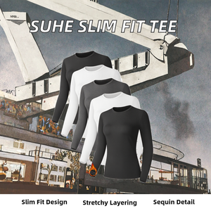 Camiseta SUHE para Mujer, Transpirable, de Satén, Manga Larga, Estilo Urbano, Cuello Redondo, Ajustada, Sin Costuras, Elástica, con Bordado - Product Image 2
