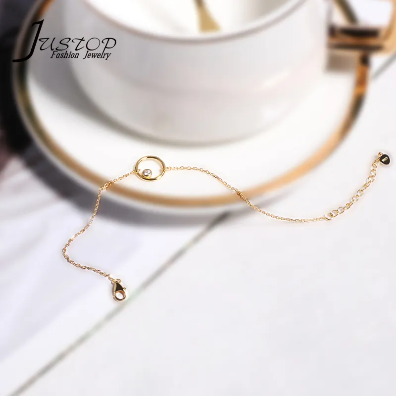 Customized 925 Sterling Silver Gold Plated Circle Dainty Bracelet With Zircon