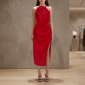 Robe midi sans manches unie avec appliques pour femme, taille naturelle, fente latérale |   Élégant et décontracté, lavable, style anglais, uni teint - Product Image 3