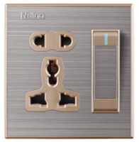 Saklar 1 Gang + Stopkontak 5 Pin 13A MF Standar Bangladesh Pakistan UK, Panel Stainless Steel Warna Champagne, Harga Terbaik, Laris Manis