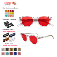 Gafas de Dormir Unisex con Lentes Rojas, Montura de Acetato de Cristal, Redondas, Vintage, con Bloqueo de Luz Azul, Anti-Insonesmia, para Hombres y Mujeres