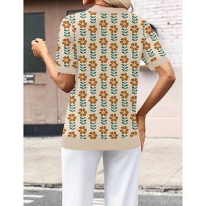 Women's Short Sleeve V <b>Neck</b> Sweater Lightweight Floral Knit Top Summer Casual Wear - Product Image 4