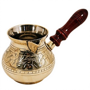 Cafetière traditionnelle en laiton avec motif floral gravé, forme ronde, poignée en bois, pot de service décoratif - Product Image 1