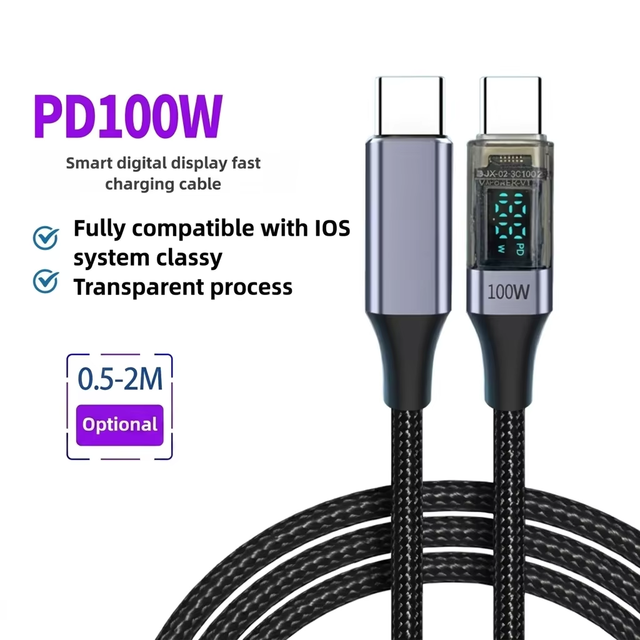 100W PD 5A Fast Charging USB-C to USB-C Cable with Digital Display, Nylon Braided TPE Jacket