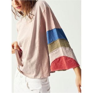 FOXA Women's <b>Patchwork</b> 3/4 Sleeve Oversized T-<b>Shirt</b> Crew Neck Color Block Baggy Top Regular Fit Woven Fabric - Product Image 4