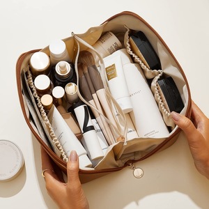Dropshipping Portable Flat Open Pu Travel Cosmetic Bag Large Capacity <b>Toiletry</b> Makeup <b>Storage</b> Organizer - Product Image 4