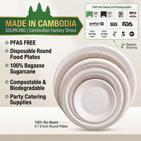 Assiettes jetables sans PFAS en gros, 6, 7, 8 pouces, en bagasse, rondes, compostables, pour la restauration et les événements