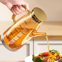 Pot à huile de cuisine en verre borosilicate de qualité alimentaire, épaissi, transparent ambré, avec bec verseur, couvercle en bambou et poignée, brosse à huile - Style américain