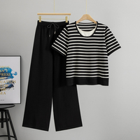Ensemble Femme T-shirt Tricoté Ample Rayé et Pantalon Couleur Unie Nouvelle Collection Été 2026 – Vente en Gros pour Boutiques