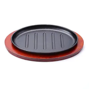 2022 Factory Wholesale Fry Grill Pan Cast Iron Sizzling Fajita Steak Plate Pans With Wooden Tray Base
