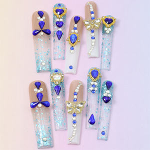 Wholesale Acrylic Full-Cover Coffin Shape False <b>Nails</b> Pre-Designed Pink Gradient <b>Rhinestone</b> Design short Tips - Product Image 1