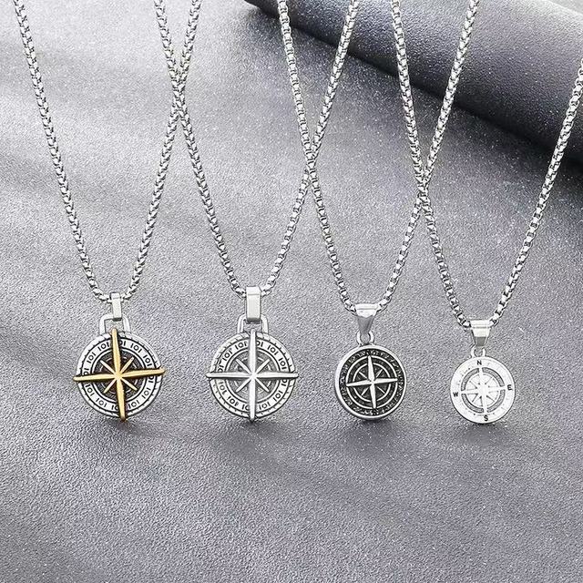 High Quality Stainless Steel Compass Pendant Necklace Hip Hop Black Coin Compass North Star Necklace Tarnish Free Jewelry