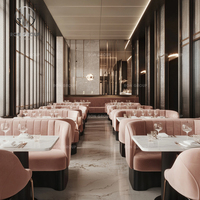 Ensemble de mobilier pour café et restaurant : table en marbre et chaises en cuir, banquette en velours rose à surpiqûres verticales