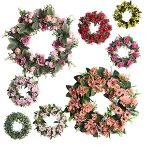 Artificial Flower Wreath for Front Door Burgundy Peony Faux Floral Wreath Spring Summer Garland for Door Wall Window