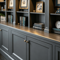 Meuble de rangement en contreplaqué moderne sur mesure avec dosseret, tiroirs coulissants et bande LED intégrée sous évier - Noir