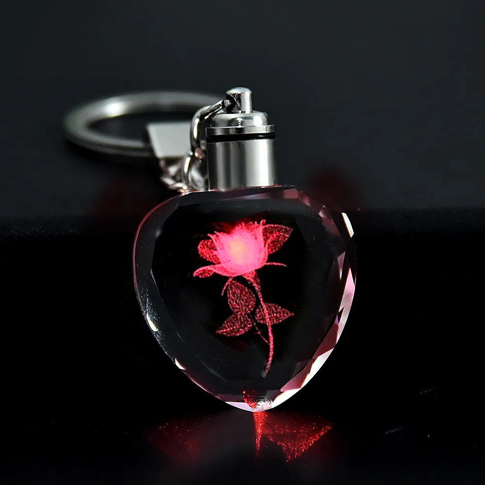 Colorful Rose Flower Pattern Love Crystal Rhinestone Led Light Keychain Heart Lover Shape Key Chain Keyring Jewelry