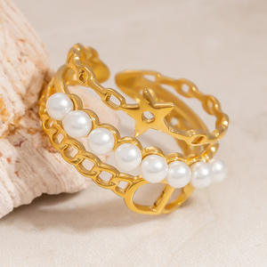 Anillo de perlas para mujer, cadena de oro, diseño de estrella, estilo abierto, regalo de joyería ajustable - Product Image 3