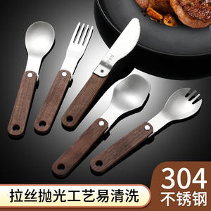 Walnut Wood Folding Cutlery Set 304 Stainless Steel Portable Outdoor Camping Spoon <b>Fork</b> <b>Knife</b> Set Modern Design - Product Image 2