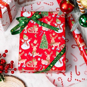 Christmas-Themed Gift Wrapping Paper Red Snowmen Reindeer Trees Candy Canes Double-Sided Art Paper for Holiday Packaging - Product Image 1