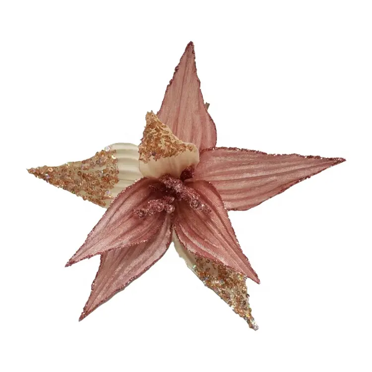 Flor de poinsettia artificial de decoración navideña personalizada de 25cm con purpurina
