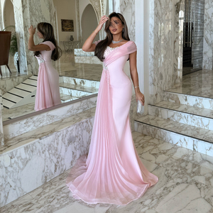 Vestido <span class=keywords><strong>de</strong></span> Noche Sharon Said SF401 Color <span class=keywords><strong>Rosa</strong></span> Claro, Estilo Sirena, Hombros Descubiertos, Plisado y con Cuentas, para Mujer, Ideal para Bodas y Fiestas - Product Image 1