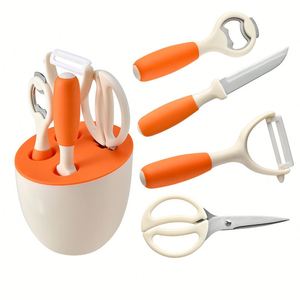 Juego de utensilios de cocina de acero inoxidable personalizados con mangos suaves al tacto, 5 piezas, incluye cuchillo pelador, tijeras, pelador de verduras, abridor de botellas, MOQ bajo - Product Image 1