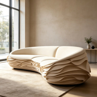 Canapé Sculptural Ondulé Empilé avec Cadre en Fibre de Verre, Forme Courbe Irrégulière, en Flanelle Crème – Mobilier de Designer pour Salon de Villa
