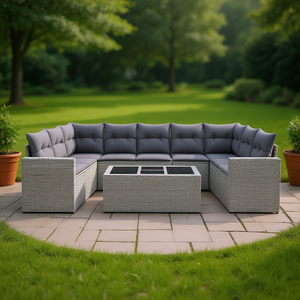 Ensemble de canapés d'extérieur en rotin gris pour 10 personnes, structure en acier, verre trempé, mobilier de jardin au design contemporain, résistant aux intempéries - Product Image 2