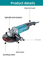 Meuleuse d'angle Makita GA9080FX1 2800W 230mm (9 pouces) avec interrupteur à gâchette et frein mécanique, pour travaux lourds de découpe et de meulage du métal